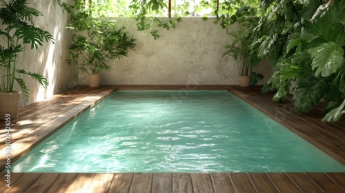 An inviting indoor swimming pool sits amidst a verdant display of houseplants  with sunlight streaming through the windows  casting gentle ripples on the water s surface.