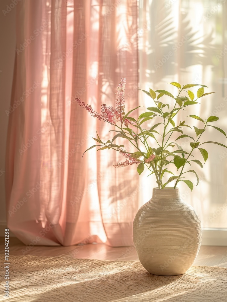 A serene indoor scene featuring a textured vase with blooming flowers beside light pink curtains, creating a warm ambiance perfect for home decor, lifestyle blogs, or wellness articles, A serene indoor scene featuring a textured vase with blooming flowers beside light pink curtains, creating a warm ambiance perfect for home decor, lifestyle blogs, or wellness articles,