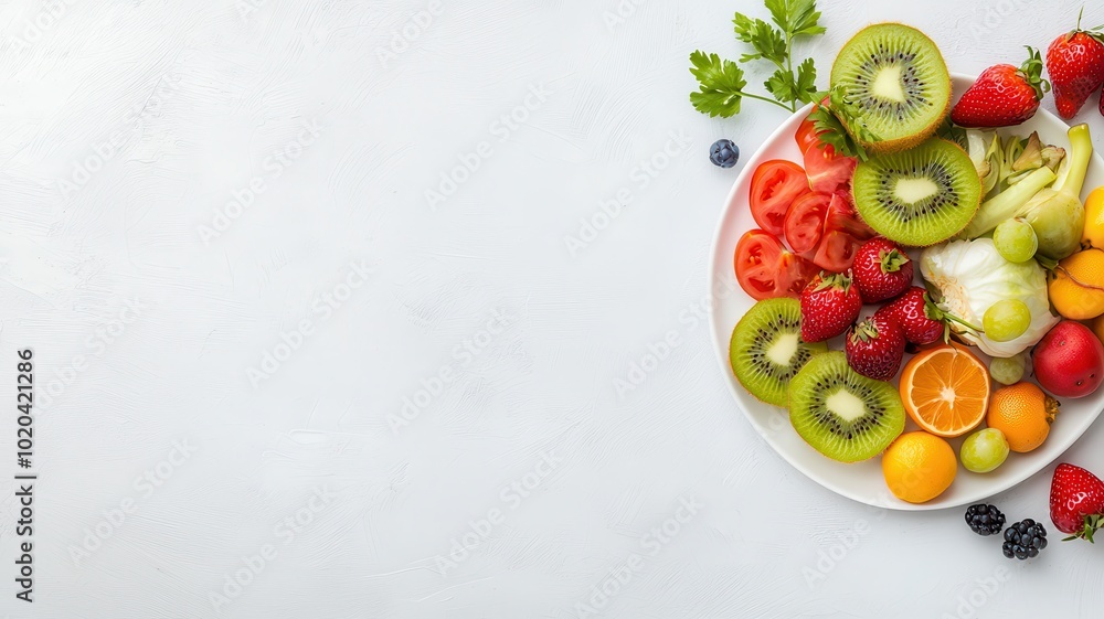 A vibrant plate of fresh fruits and vegetables sits on a clean white table A vibrant plate of fresh fruits and vegetables sits on a clean white table