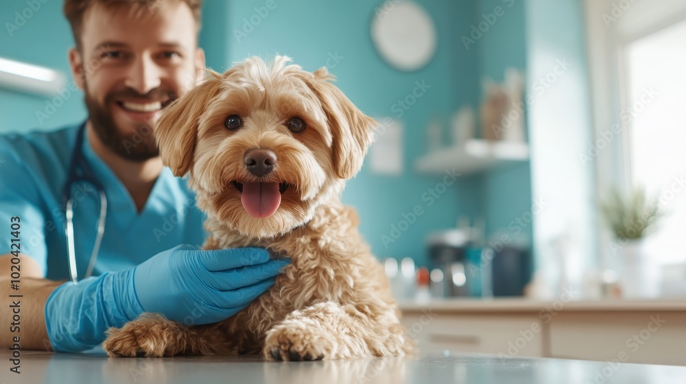A small dog joyfully sitting on a vet's table, receiving careful attention and showing a happy demeanor, symbolizing compassion, care, and veterinary service. A small dog joyfully sitting on a vet's table, receiving careful attention and showing a happy demeanor, symbolizing compassion, care, and veterinary service.