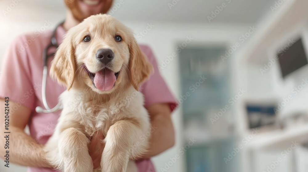 An adorable golden retriever puppy beams happily while being held during a veterinary visit, capturing the essence of youthful exuberance, comfort, and reassurance. An adorable golden retriever puppy beams happily while being held during a veterinary visit, capturing the essence of youthful exuberance, comfort, and reassurance.