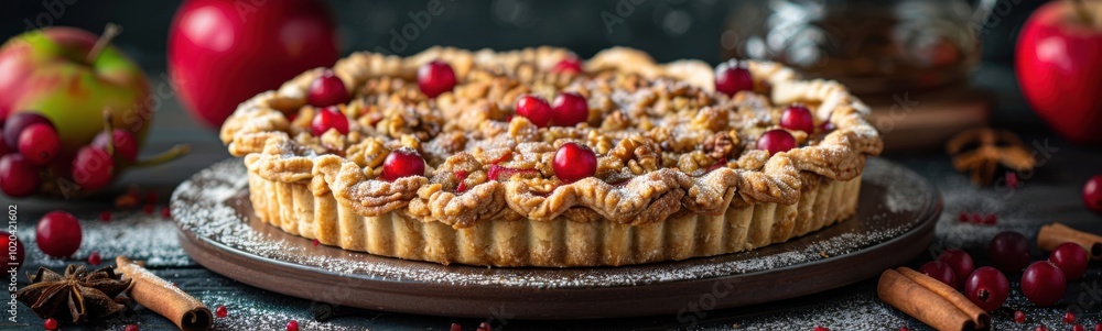 Cake with cranberries and cinnamon on a plate, food background, banner Cake with cranberries and cinnamon on a plate, food background, banner