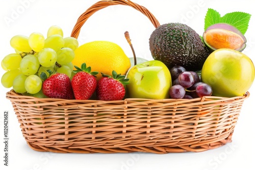 A basket filled with a variety of fresh fruits including apples, grapes, strawberries, and avocado, perfect for healthy eating.