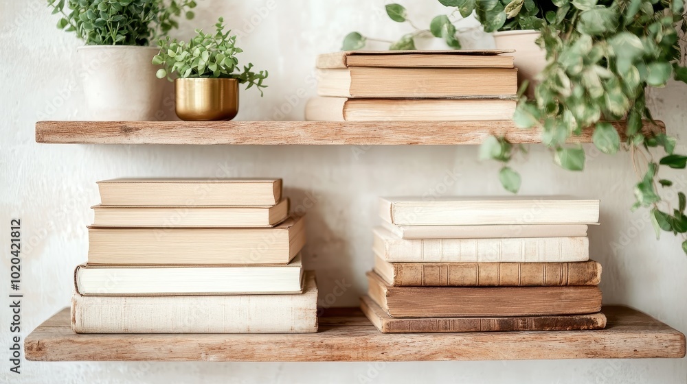 Wooden shelves hold a collection of books and potted plants, creating a cozy, homey atmosphere that promotes relaxation and intellectual enrichment. Wooden shelves hold a collection of books and potted plants, creating a cozy, homey atmosphere that promotes relaxation and intellectual enrichment.