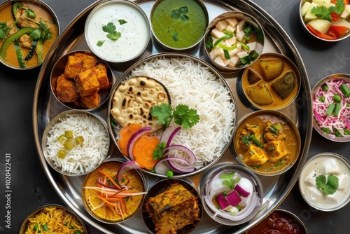 A traditional Indian thali featuring various dishes such as rice, curries, breads, and vegetables, all arranged on a large platter.