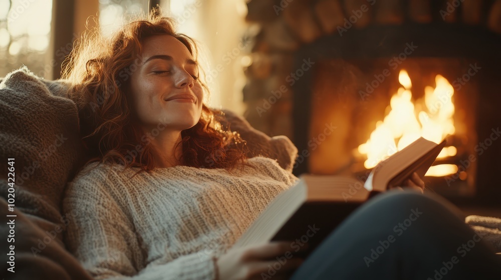 A content woman enjoys reading a book in a cozy sweater by the fireplace, basking in the warmth and tranquility, highlighted by the gentle glow of the fire. A content woman enjoys reading a book in a cozy sweater by the fireplace, basking in the warmth and tranquility, highlighted by the gentle glow of the fire.