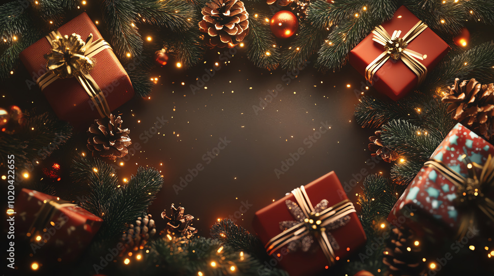 A festive arrangement of Christmas presents surrounded by pine branches and decorative lights, perfect for holiday themes. A festive arrangement of Christmas presents surrounded by pine branches and decorative lights, perfect for holiday themes.