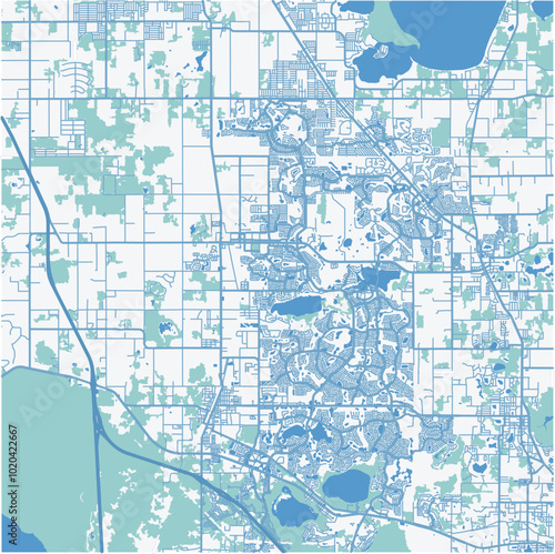 Map of The Villages in Florida in a professional blue style. Contains layered vector with roads water, parks, etc.