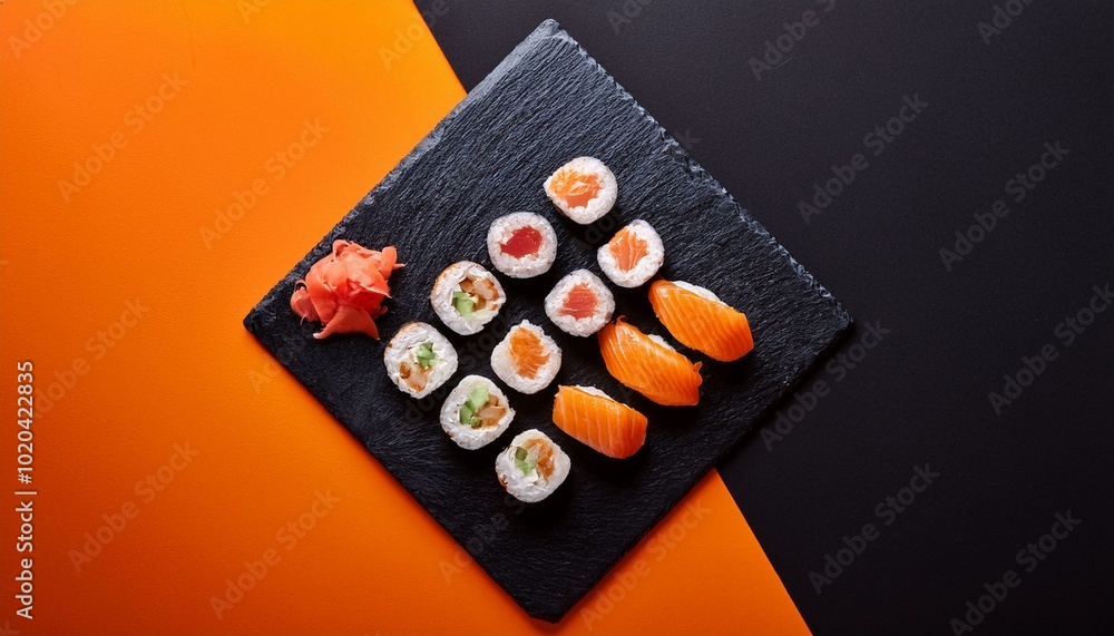 Fresh sushi on a slate plate on black and neon orange background. Top view Fresh sushi on a slate plate on black and neon orange background. Top view
