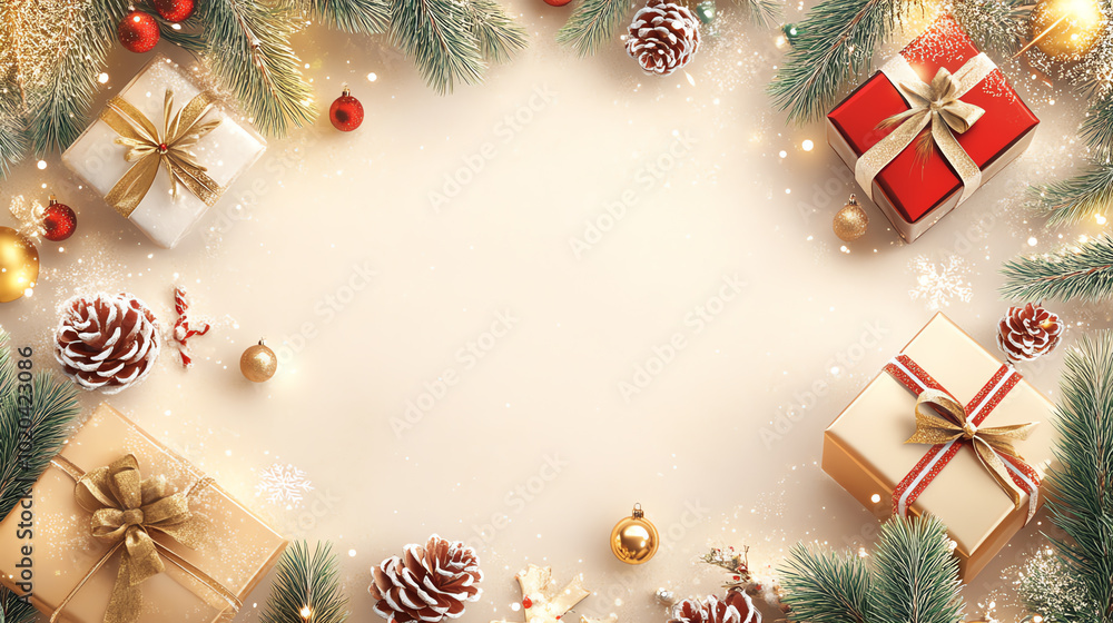 A festive arrangement of Christmas gifts surrounded by pine branches, ornaments, and cones, perfect for holiday-themed designs. A festive arrangement of Christmas gifts surrounded by pine branches, ornaments, and cones, perfect for holiday-themed designs.