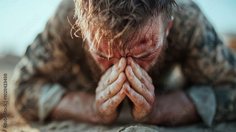 The exhausted soldier buries his face in his hands in a desert, illustrating the physical and emotional fatigue of combat, showcasing raw human endurance under duress. The exhausted soldier buries his face in his hands in a desert, illustrating the physical and emotional fatigue of combat, showcasing raw human endurance under duress.