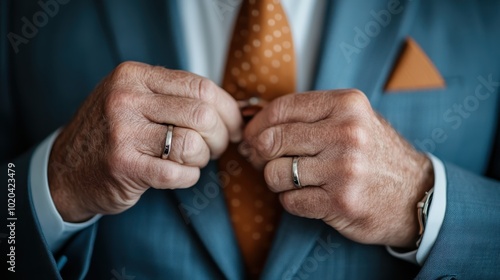 A close-up shot of a man in a blue suit adjusting his tie with both hands, wearing rings on his fingers, focusing on elegance and detail in style.