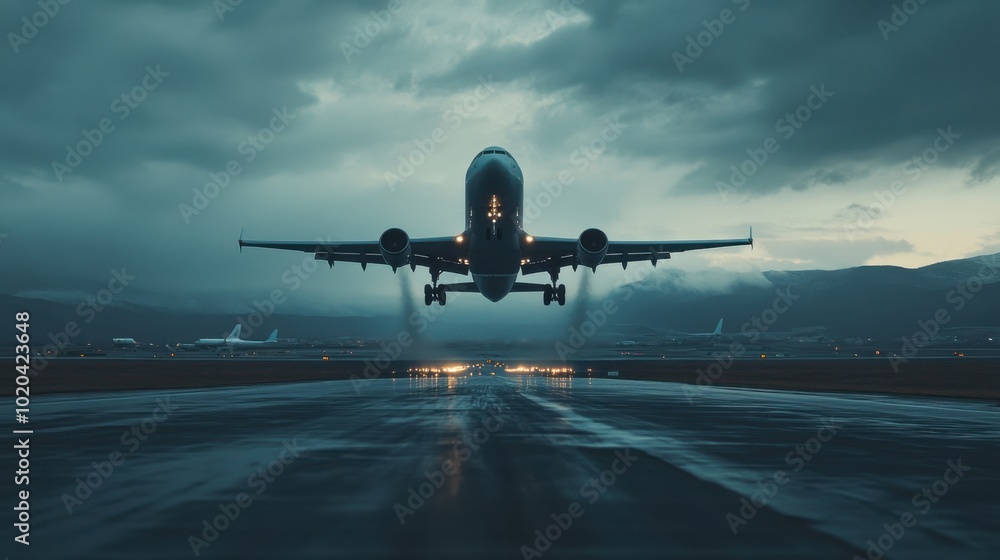 Naklejka premium A dramatic shot of an airplane lifting off from the airport runway, capturing the thrilling moment of takeoff with the horizon in the background