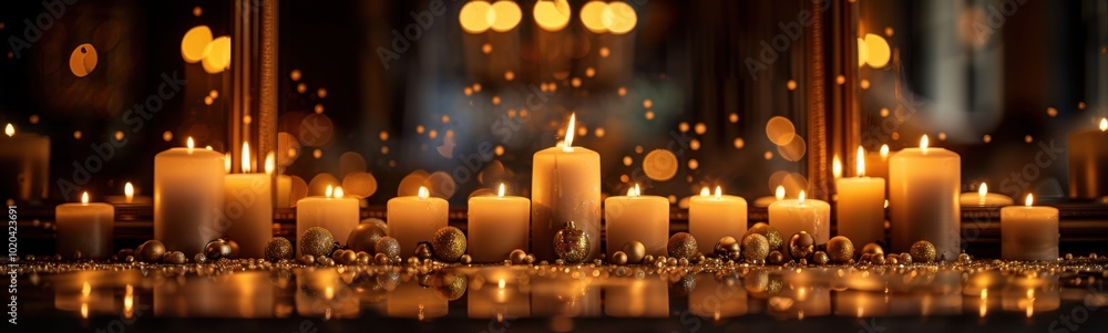 Candles are lit in a row with gold decorations around them, banner, copy space Candles are lit in a row with gold decorations around them, banner, copy space