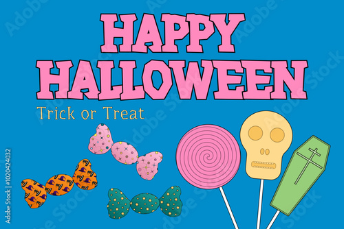 A vibrant vector illustration of Halloween-themed candies and treats. Perfect for festive invitations, posters, or party designs.