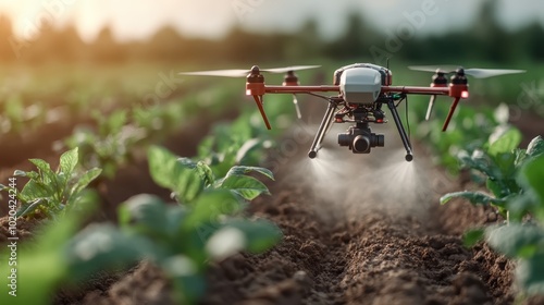 A drone hovers above lush, green crops under the warm glow of sunrise, encapsulating the intersection of modern technology and agriculture in vibrant detail.