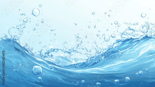 A fresh, clean water splash with bubbles floating in a light blue sea background, perfect for advertising healthy, organic products