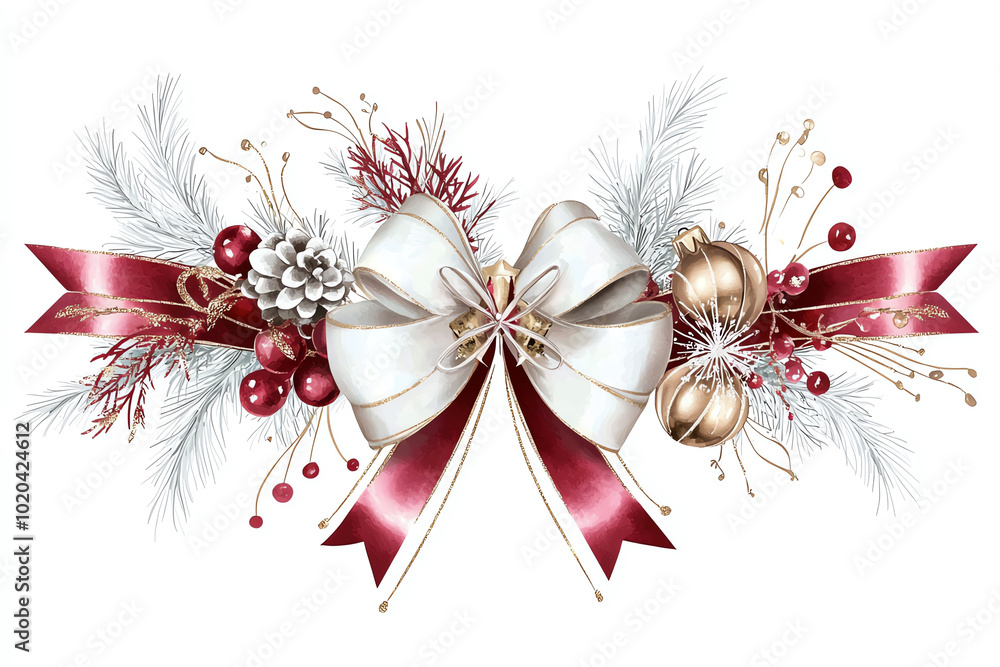 Elegant Christmas bow with decorations, perfect for festive designs, white isolate background. Elegant Christmas bow with decorations, perfect for festive designs, white isolate background.
