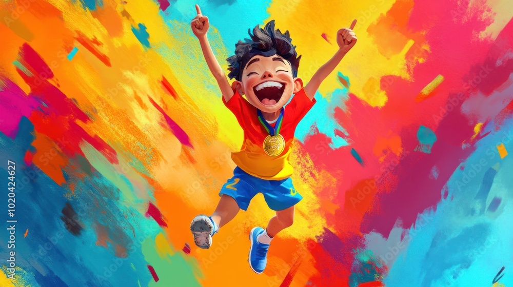 Animated athlete with a medal, jumping for joy and celebrating a successful win in a colorful background Animated athlete with a medal, jumping for joy and celebrating a successful win in a colorful background