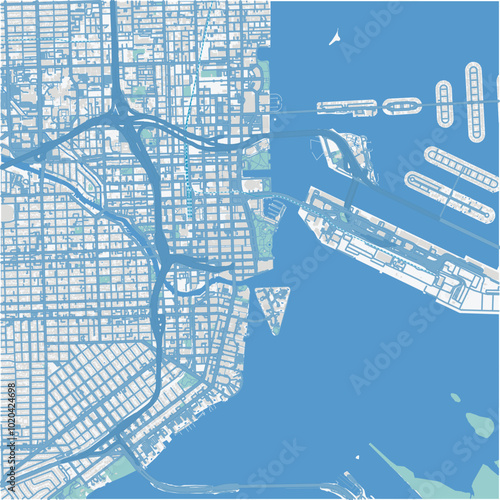 Map of Miami center in Florida in a professional blue style. Contains layered vector with roads water, parks, etc.