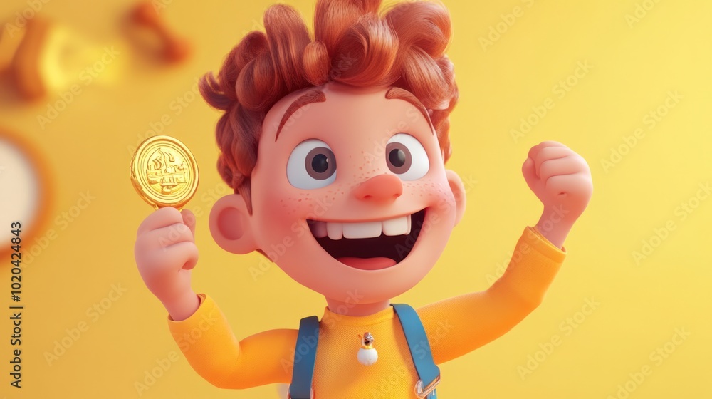 Animated character with a big smile holding a medal, celebrating a cheerful victory moment Animated character with a big smile holding a medal, celebrating a cheerful victory moment