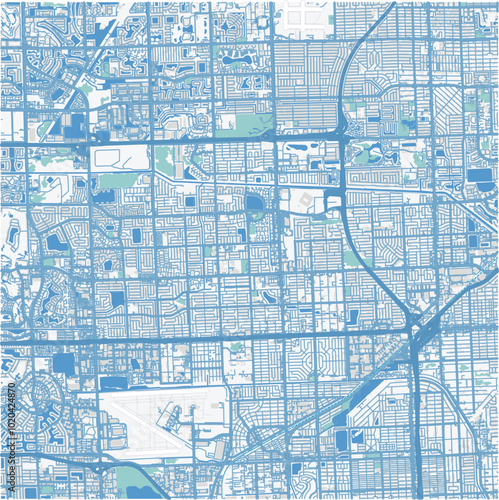 Map of Miami Gardens in Florida in a professional blue style. Contains layered vector with roads water, parks, etc.