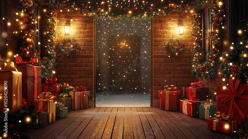 A festive entrance adorned with Christmas decorations, gifts, and lights, creating a warm holiday atmosphere.