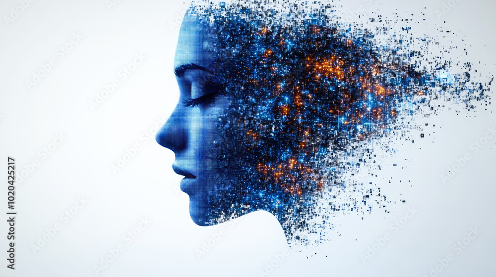 Artistic representation of a woman's side profile dissolving into blue and orange pixels, conveying digital transformation. Artistic representation of a woman's side profile dissolving into blue and orange pixels, conveying digital transformation.