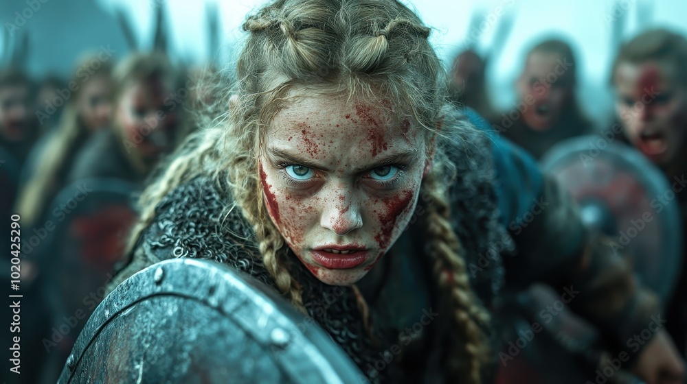 A brave Viking warrior woman's face shows determination amid a fierce battle, highlighting her courage and strength, symbolizing endurance and resolve in adversity. A brave Viking warrior woman's face shows determination amid a fierce battle, highlighting her courage and strength, symbolizing endurance and resolve in adversity.