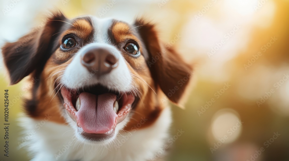 A cheerful dog with floppy ears and bright eyes basks in the warm sunlight, its tongue out and a joyful expression on its face, set against a blurred outdoor background.