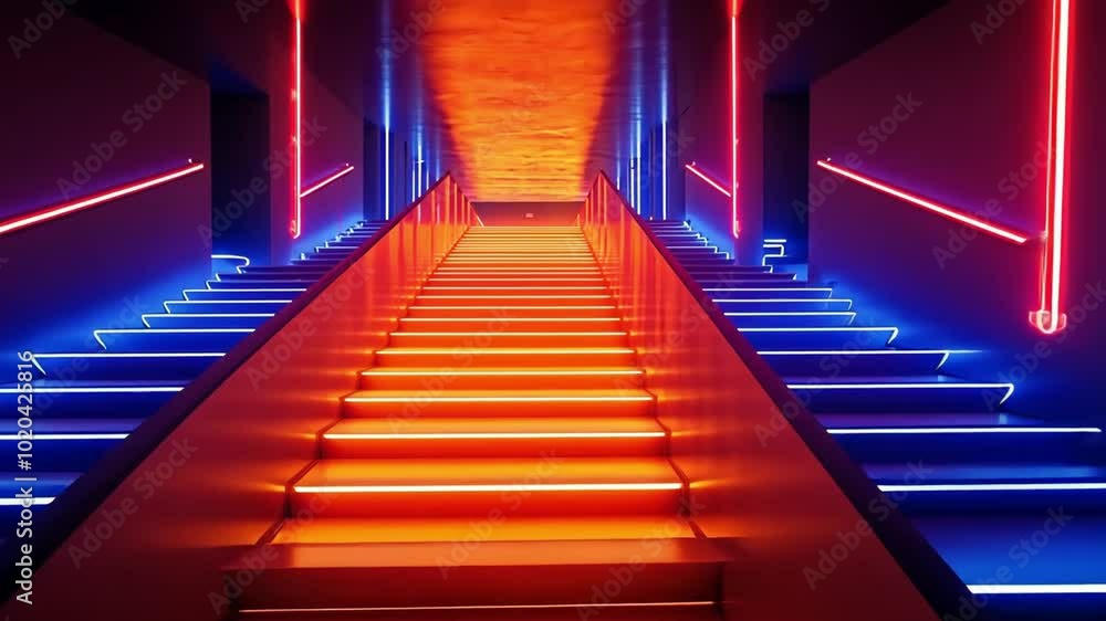 A vibrant staircase illuminated with neon lights in a modern architectural space footage A vibrant staircase illuminated with neon lights in a modern architectural space footage