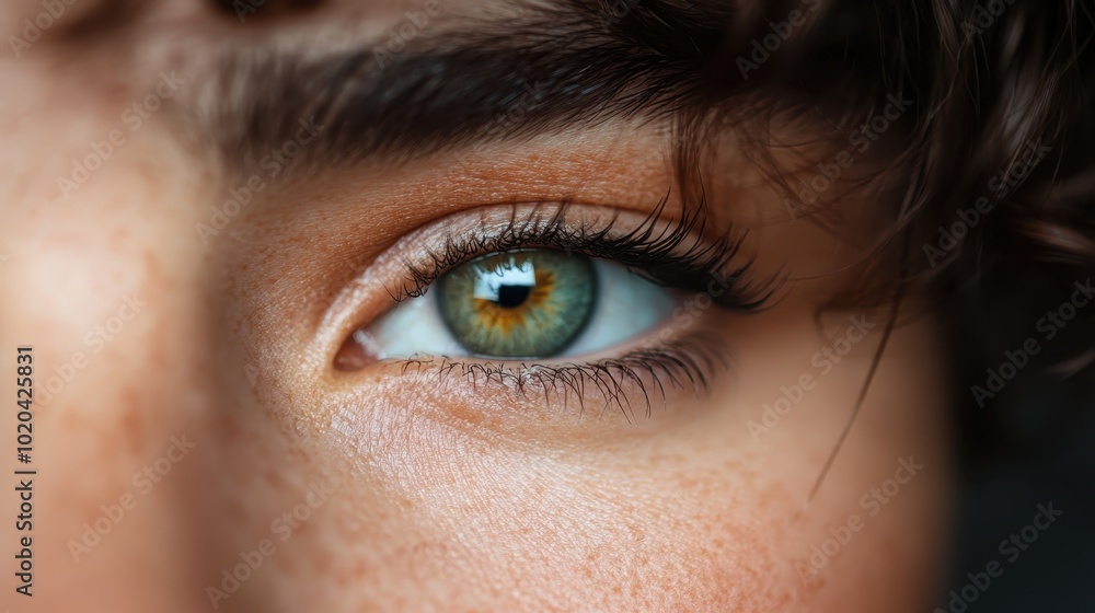 Obraz premium A close-up shot of a single eye in natural lighting, highlighting its striking golden tones and textures, set amidst delicate and soft skin surroundings.