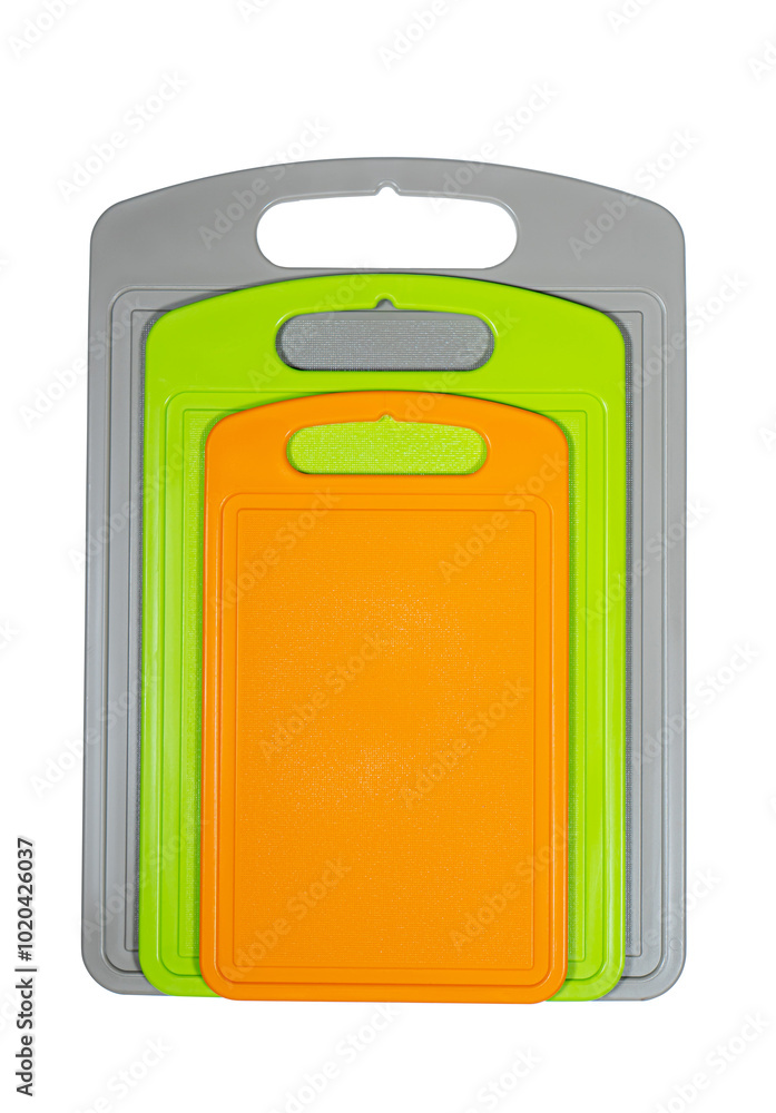 Chopping cutting board set on white background. Cutting boards plastic isolated set of three