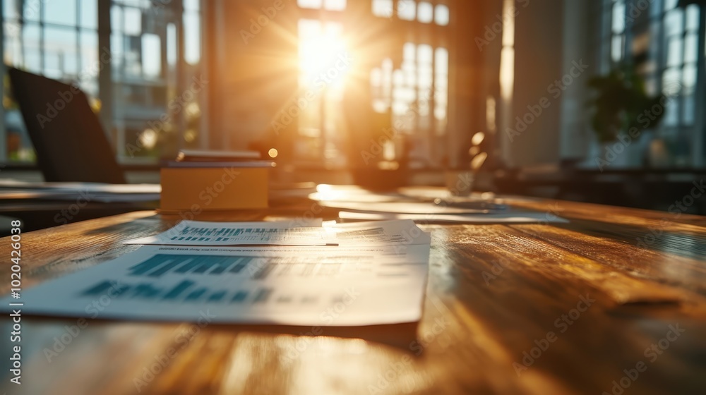 Sunlight streaming through large windows illuminates financial documents and reports spread across a wooden table, symbolizing productivity and business strategy in action.