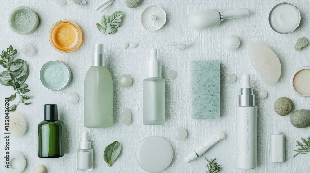 Flat lay of various skincare items, including a jade roller, serum bottles, and a face cream on white. Flat lay of various skincare items, including a jade roller, serum bottles, and a face cream on white.