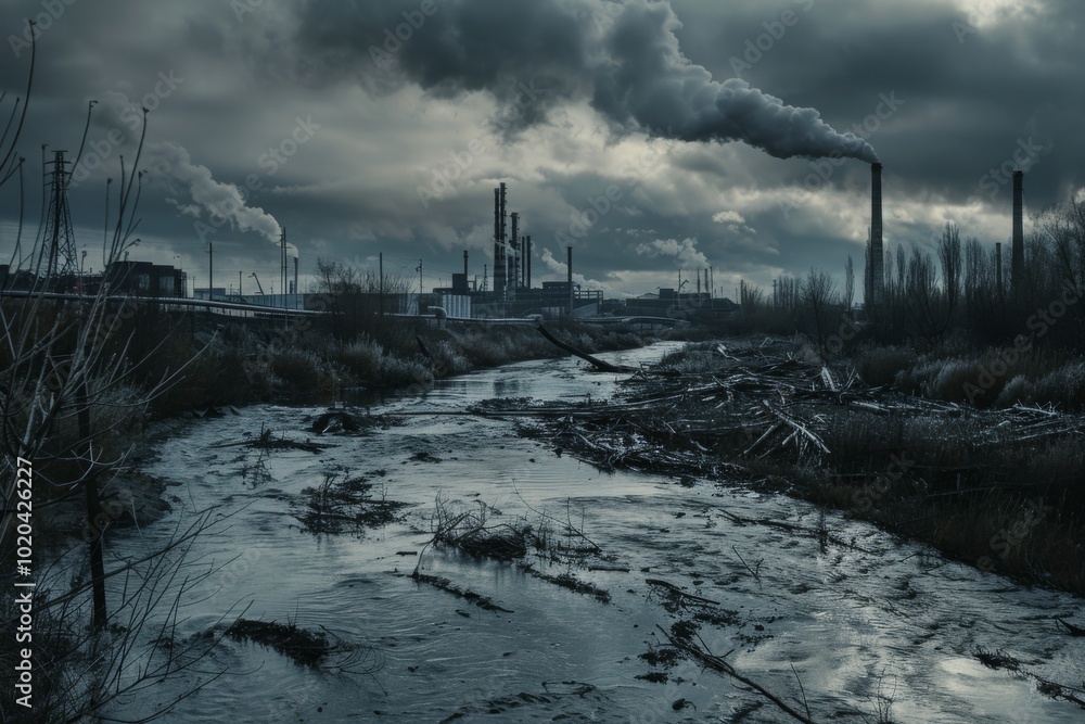 Smokestacks spewing dark plumes under brooding clouds create a stark, melancholic industrial landscape by a polluted riverbank. Smokestacks spewing dark plumes under brooding clouds create a stark, melancholic industrial landscape by a polluted riverbank.