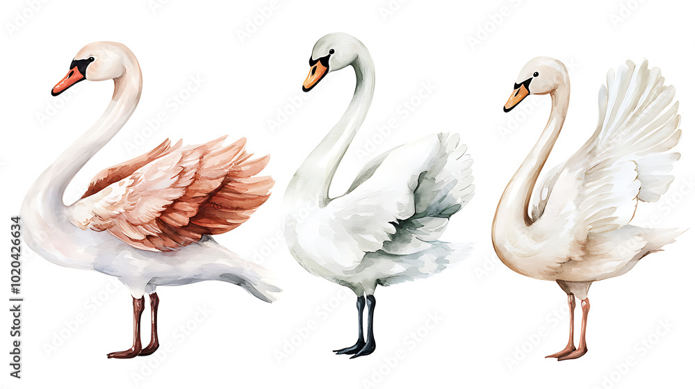 Obraz premium A collection of elegant swans hand-painted in soft watercolor style, showing various poses of the birds on white background