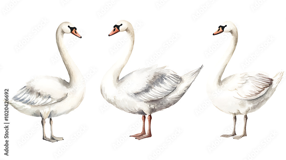 Obraz premium A collection of elegant swans hand-painted in soft watercolor style, showing various poses of the birds on white background