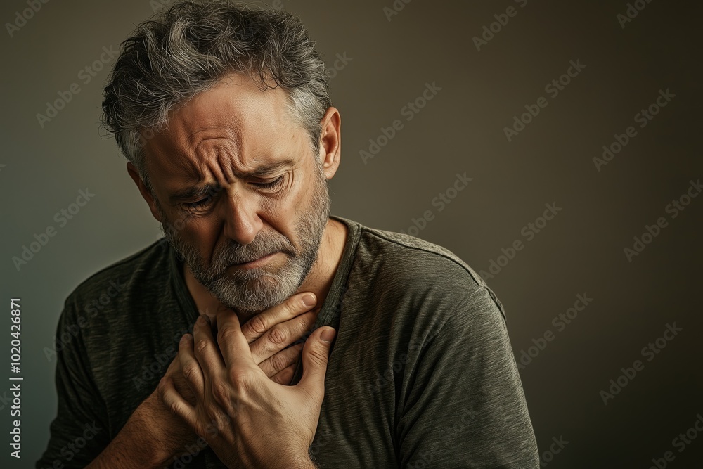 A man experiencing deep emotional distress while clutching his throat in a dimly lit room A man experiencing deep emotional distress while clutching his throat in a dimly lit room