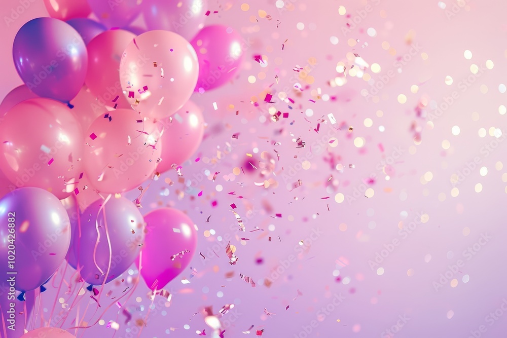 Vibrant balloons float amidst confetti against a pastel backdrop, celebrating joy, festivity, and whimsical delight. Vibrant balloons float amidst confetti against a pastel backdrop, celebrating joy, festivity, and whimsical delight.