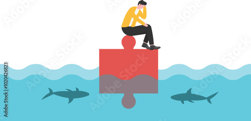 Team crisis, businessman desperate sitting on a puzzle falling into the water


