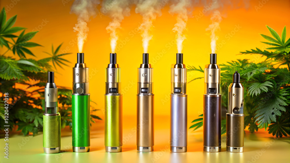 Vape Devices in Green and Gold, Vape Marketing with Cannabis Leaves Vape Devices in Green and Gold, Vape Marketing with Cannabis Leaves