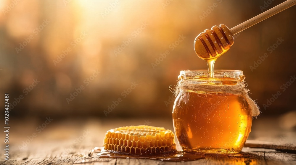 A jar of golden honey with a wooden stick dripping onto a honeycomb, set against a rustic background, showcasing the natural sweetness and health benefits of honey A jar of golden honey with a wooden stick dripping onto a honeycomb, set against a rustic background, showcasing the natural sweetness and health benefits of honey