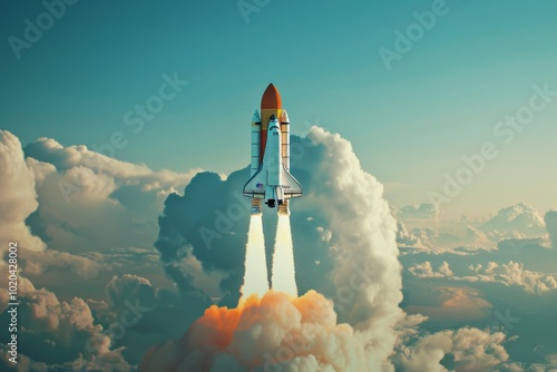 A space shuttle ascends majestically through bright, fluffy clouds, carrying dreams and technology into the endless sky. photo