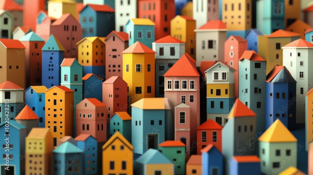 A landscape of abstract buildings and houses, each constructed from geometric shapes in a bright and playful cartoon style, forming a unique cityscape A landscape of abstract buildings and houses, each constructed from geometric shapes in a bright and playful cartoon style, forming a unique cityscape