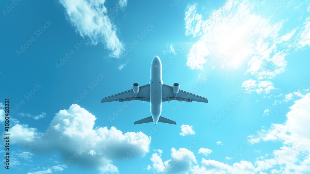 A jet airplane soaring into the sky from the airport, symbolizing the start of an exciting adventure, with clouds and a bright blue sky as the backdrop A jet airplane soaring into the sky from the airport, symbolizing the start of an exciting adventure, with clouds and a bright blue sky as the backdrop
