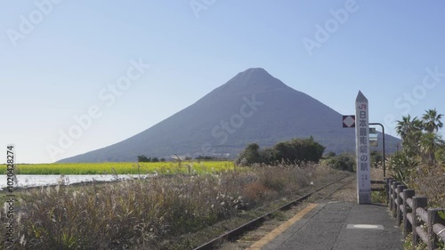 西大山駅と開聞岳と菜の花