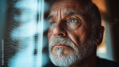 An elderly man with a contemplative expression gazes thoughtfully out a window, capturing a moment of introspection against a soft, blurred background. photo