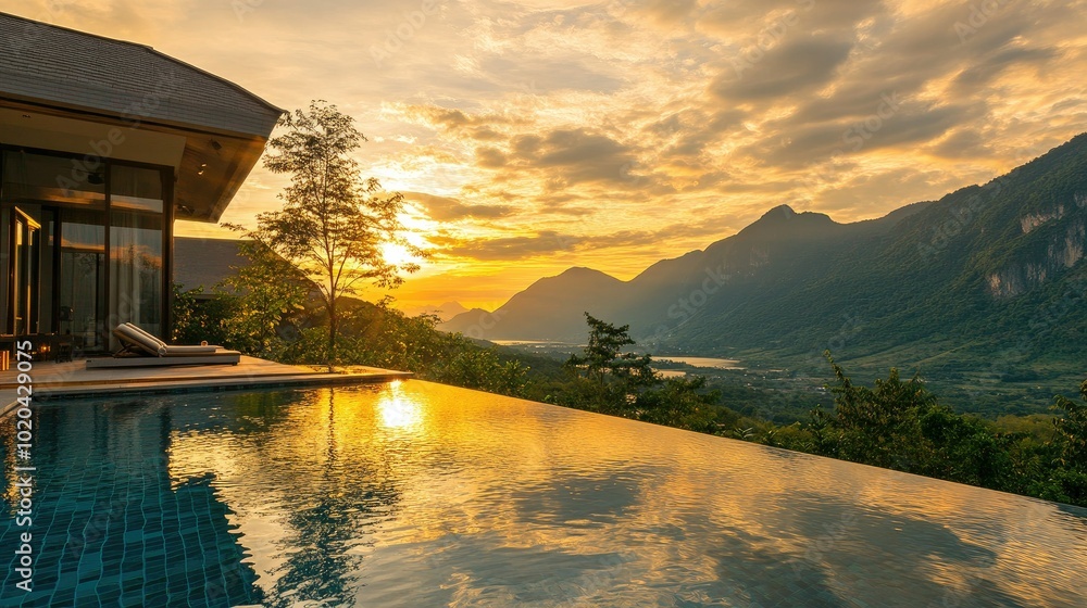 Infinity pool overlooking a scenic mountain view at sunset, with calm water and golden sky reflections. Infinity pool overlooking a scenic mountain view at sunset, with calm water and golden sky reflections.