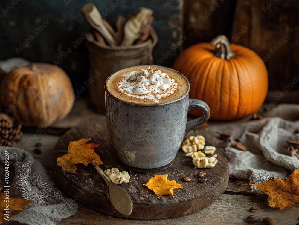 Cozy pumpkin latte in a rustic setting Cozy pumpkin latte in a rustic setting